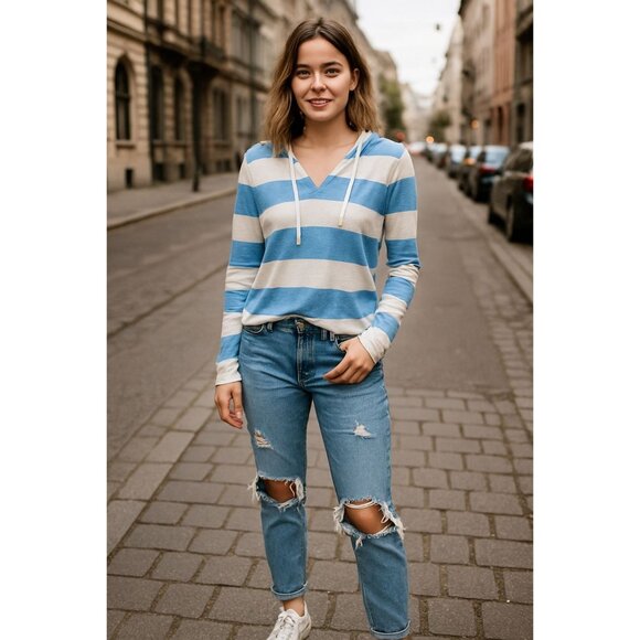 Aeropostale Hooded Lightweight Pullover S Blue White Stripe Streetwear Casual - Picture 1 of 8